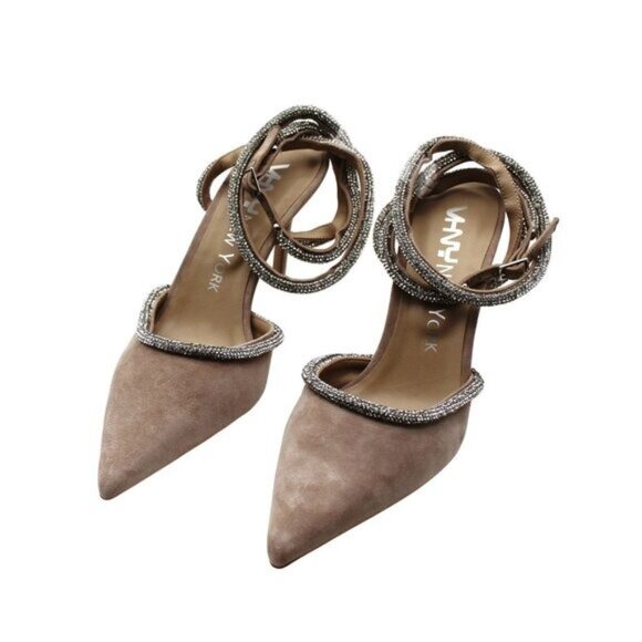 Vhny Womens Claudia Suede Pointed Toe Rhinestone Ankle Strap Wrap Heels Womens - Picture 9 of 16